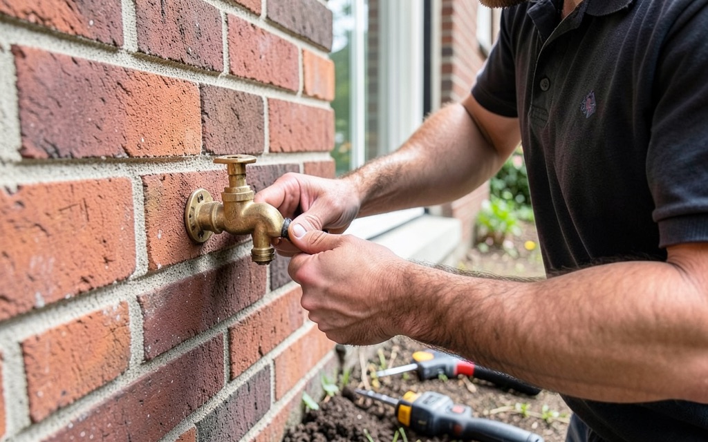 Hands fitting a brass outdoor tap on a brick wall